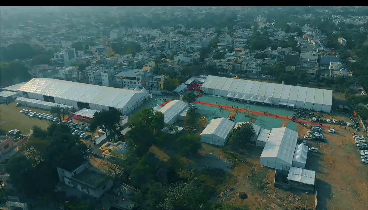Aerial view of a large GSE temporary infrastructure campus