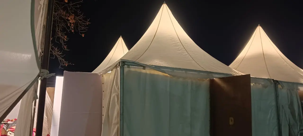 Temporary canopy structures prepared for evening use